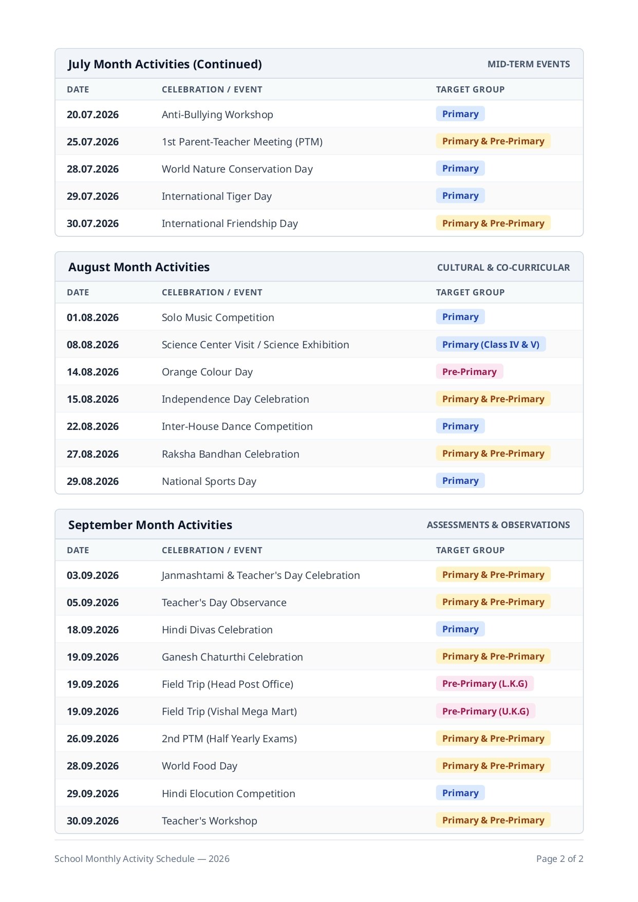 School Activity Calendar